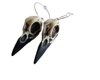 Crow Skull Earrings Bird Skull Goth Raven Dark Jewelry Resin Hoops