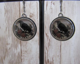 Raven Crow Rose Bloemen Oorbellen Vogel Cabochon Messing Oorbellen Dierensieraden E702