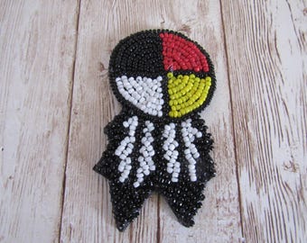 1.5" Glass Beaded Rosette  Medicine Wheel 4 Direction w/feathers Tribal Regalia Beadwork Craft