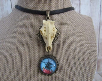 Collar con colgante de camafeo de calavera de ciervo rota, cabujón de resina, joyería N5891