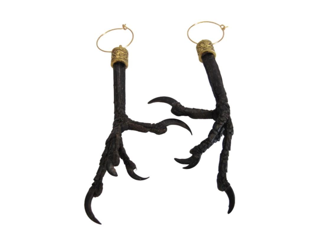 Real Crow Feet/Talon Claw Earrings Bird Feet Animal Bone Jewelry Gold