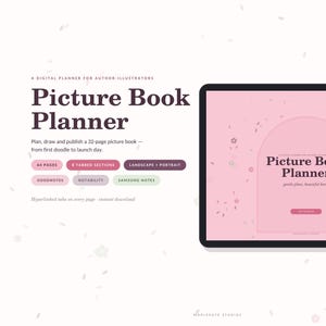 May include: A digital tablet displaying a pink interface titled Picture Book Planner. The screen features an arched frame, floral accents, and text. Accompanying text lists features including 64 pages, 8 tabbed sections, and compatibility with Goodnotes, Notability, and Samsung Notes.