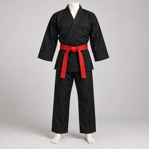 Puede incluir: Un uniforme de artes marciales negro que consta de una chaqueta de manga larga con frente cruzado y pantalones a juego. La chaqueta presenta un cuello reforzado y se asegura en la cintura con un cinturón rojo brillante anudado.