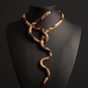 Puede incluir: Un collar de serpiente en tono dorado con un cuerpo flexible y texturizado con segmentos negros estampados. La serpiente está enroscada sobre sí misma, con la cabeza cerca de la parte superior y la cola extendiéndose hacia abajo en curva.