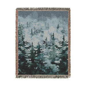 Misty Evergreen Pine Forest Woven Blanket | Woodland Cabin Throw