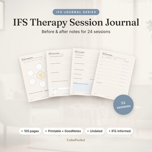 May include: IFS Therapy Session Journal with 24 sessions of before and after notes. The printable, undated 105-page document includes pages for parts mapping, session preparation, and reflection. Features the text IFS Journal Series.