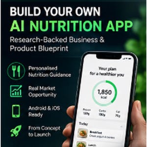 May include: A digital product flyer for LuTeNi AI Business Blueprints featuring a smartphone displaying a nutrition app interface with a 1,850 kcal goal, meal logs, and text detailing research-backed business and product development tools.