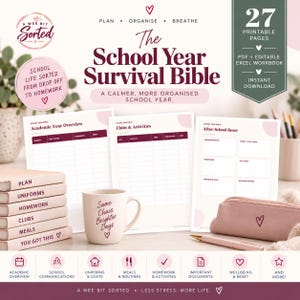 May include: A digital planner set titled The School Year Survival Bible featuring 27 printable pages, an editable Excel workbook, and instant download. Includes templates for academic overviews, clubs, activities, and after-school resets with a mug.