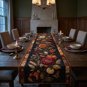 May include: A long, rectangular quilted table runner featuring a dark black background with a vibrant, multi-coloured botanical print of autumn flowers, pumpkins, mushrooms, and butterflies, centred on a wooden dining table with place settings.