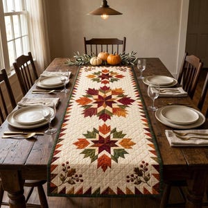 May include: A long rectangular quilted table runner featuring a repeating star pattern composed of autumn-colored fabric leaves in shades of burgundy, orange, gold, and olive green on a cream background with a dark green border and berry motifs.