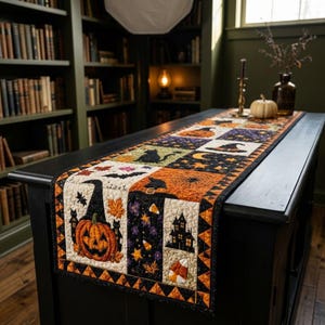 May include: A rectangular quilted table runner featuring a patchwork design with Halloween motifs including jack-o'-lanterns, black cats, witch hats, haunted houses, bats, candy corn, and autumn leaves in shades of orange, black, purple, and cream.