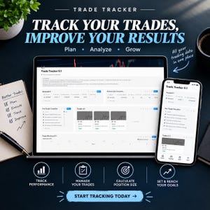 Könnte beinhalten: Eine digitale Trade Tracker-Vorlage auf einem Laptop-Bildschirm und einem Smartphone, mit Kontozusammenfassungen, Checklisten und Handelsprotokollen. Die Benutzeroberfläche enthält Text wie Trade Tracker 0.1, Plan, Analyze, Grow und Start Tracking Today.