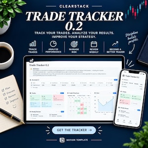 May include: A digital trade tracker template displayed on a tablet and smartphone screen, featuring financial data, charts, and account summaries. The interface includes text labels like Trade Tracker 0.2, Track Trades, Analyze Performance, and Manage Risk.