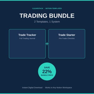 May include: A digital product graphic for a Trading Bundle featuring two Notion templates: Trade Tracker and Trade Starter. The dark blue background displays white text including Clearstack Notion Templates, 2 Templates, 1 System, and a teal circle with Save 22% Bundle Price.