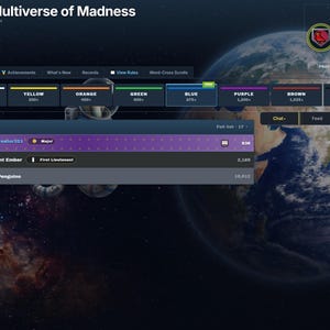May include: A digital interface titled Omni Multiverse of Madness displaying a space background with Earth. The dashboard features rank categories from White to Black, a user profile for Thecreator101, and an Arena Rankings list showing players.