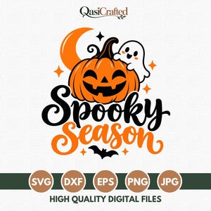 May include: A digital graphic featuring an orange jack-o'-lantern, a white ghost, a crescent moon, and a black bat. The text reads Spooky Season in black and orange script. The QasiCrafted logo is at the top with file format icons below.