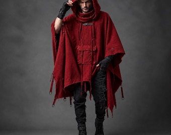 Men’s Oversized Hooded Poncho Cape – Distressed Gothic Canvas Cloak, Rugged Post-Apocalyptic Medieval Techwear Hooded, with Utility Straps