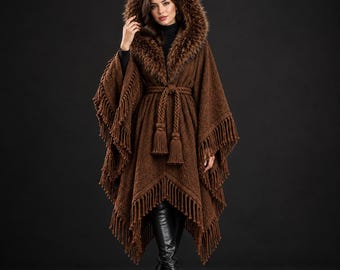 Women’s Fur Hood Poncho Cape, Wool Fringe Wrap Cloak, Boho Winter Shawl, Belted Hooded Outerwear, Gothic Costume, Cozy Gift brown black cape