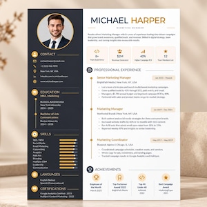 May include: A professional resume template for a marketing manager named Michael Harper. The document features a dark blue sidebar with contact details, education, skills, and certifications, alongside a white main section detailing experience.