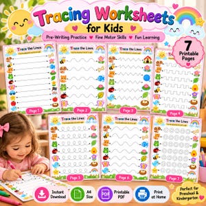 May include: A set of seven printable tracing worksheets for kids featuring dotted lines, colorful animal illustrations, and the text Tracing Worksheets for Kids, Pre-Writing Practice, Fine Motor Skills, Fun Learning, and 7 Printable Pages.