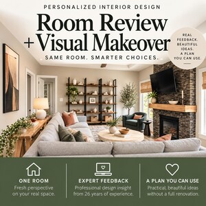 Puede incluir: Un interior de sala de estar con un sofá seccional gris, una mesa de centro redonda de madera, una chimenea de piedra con televisión y estanterías abiertas. El texto dice: Personalized Interior Design Room Review + Visual Makeover.