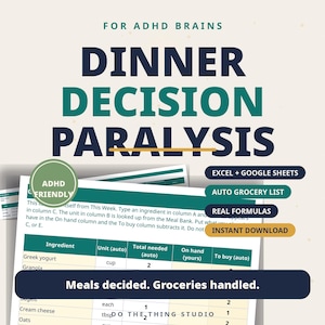 ADHD Meal Planner, ADHD Grocery List Spreadsheet, Executive Dysfunction Meal Planning, Low Energy Meals Planner, Weekly Meal Plan