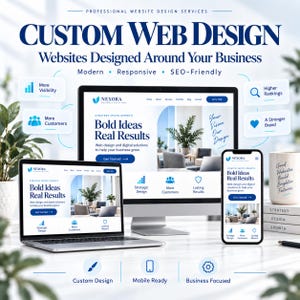 Peut inclure: Une publicité pour des services de conception web professionnelle montrant un écran d'ordinateur, un ordinateur portable et un smartphone affichant le site Nexora Business Solutions avec le texte Bold Ideas Real Results et des icônes.