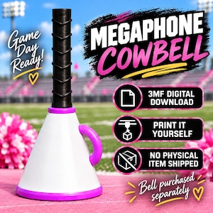 Puede incluir: Un archivo de impresión 3D de megáfono cencerro en blanco y morado con un mango negro. El texto incluye "Game Day Ready!", "MEGAPHONE COWBELL", "3MF DIGITAL DOWNLOAD", "PRINT IT YOURSELF", "NO PHYSICAL ITEM SHIPPED" y "Bell purchased separately".