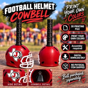 May include: A red football helmet cowbell handle with a black grip and a white face mask. The helmet features a white Texas-shaped decal with a letter J. Text includes FOOTBALL HELMET COWBELL, PRINT YOUR OWN COLORS, 3D PRINTING FILE, and DIGITAL DOWNLOAD ONLY.