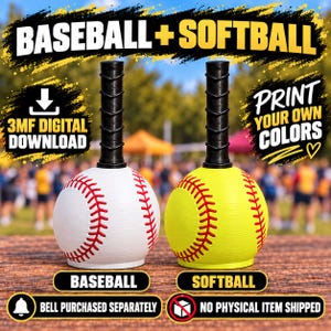 Puede incluir: Un juego de mangos de béisbol y sóftbol impresos en 3D con una pelota de béisbol blanca y una de sóftbol amarilla, cada una con un agarre negro texturizado. El texto incluye BASEBALL + SOFTBALL, 3MF DIGITAL DOWNLOAD, PRINT YOUR OWN COLORS y NO PHYSICAL ITEM SHIPPED.
