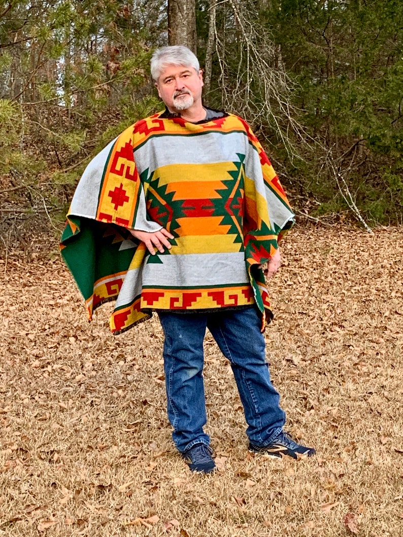 Woven Fabric Poncho in Native American Pattern Reversible Emerald Green