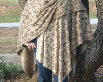 Mocha and Brown Leaf Velvet Reversing to Faux Fur Cheetah Spot Wrap Scarf Poncho Ruana