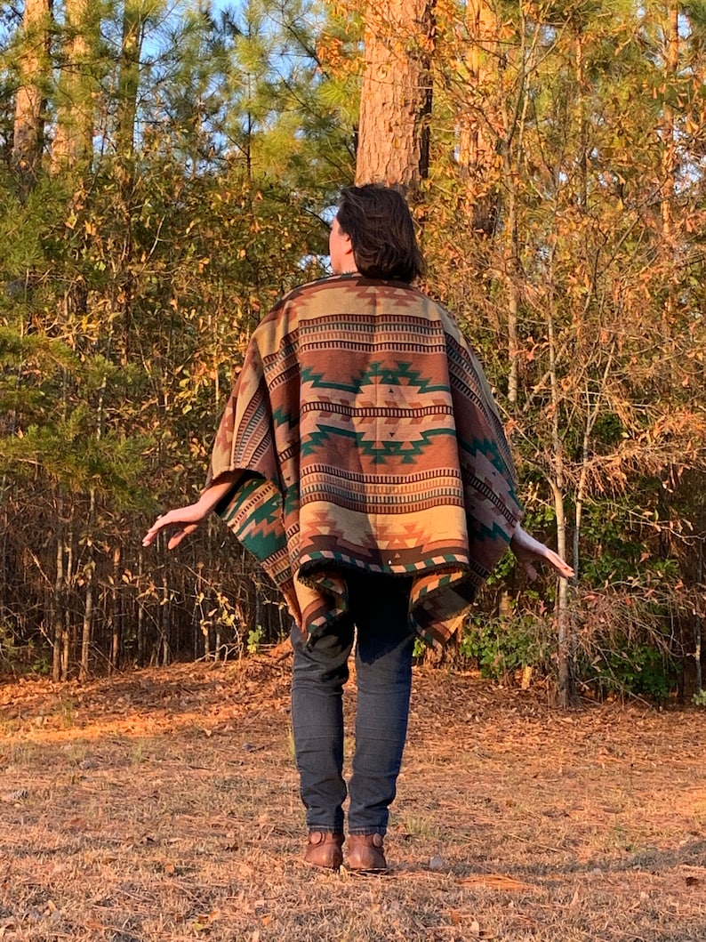 Traditional Woven Fabric Poncho in Native American Pattern ReversibleTans Brown Mauve Emerald Green image 5