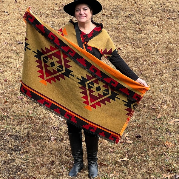 Woven Fringed Poncho Rectangle Serape Red Dead