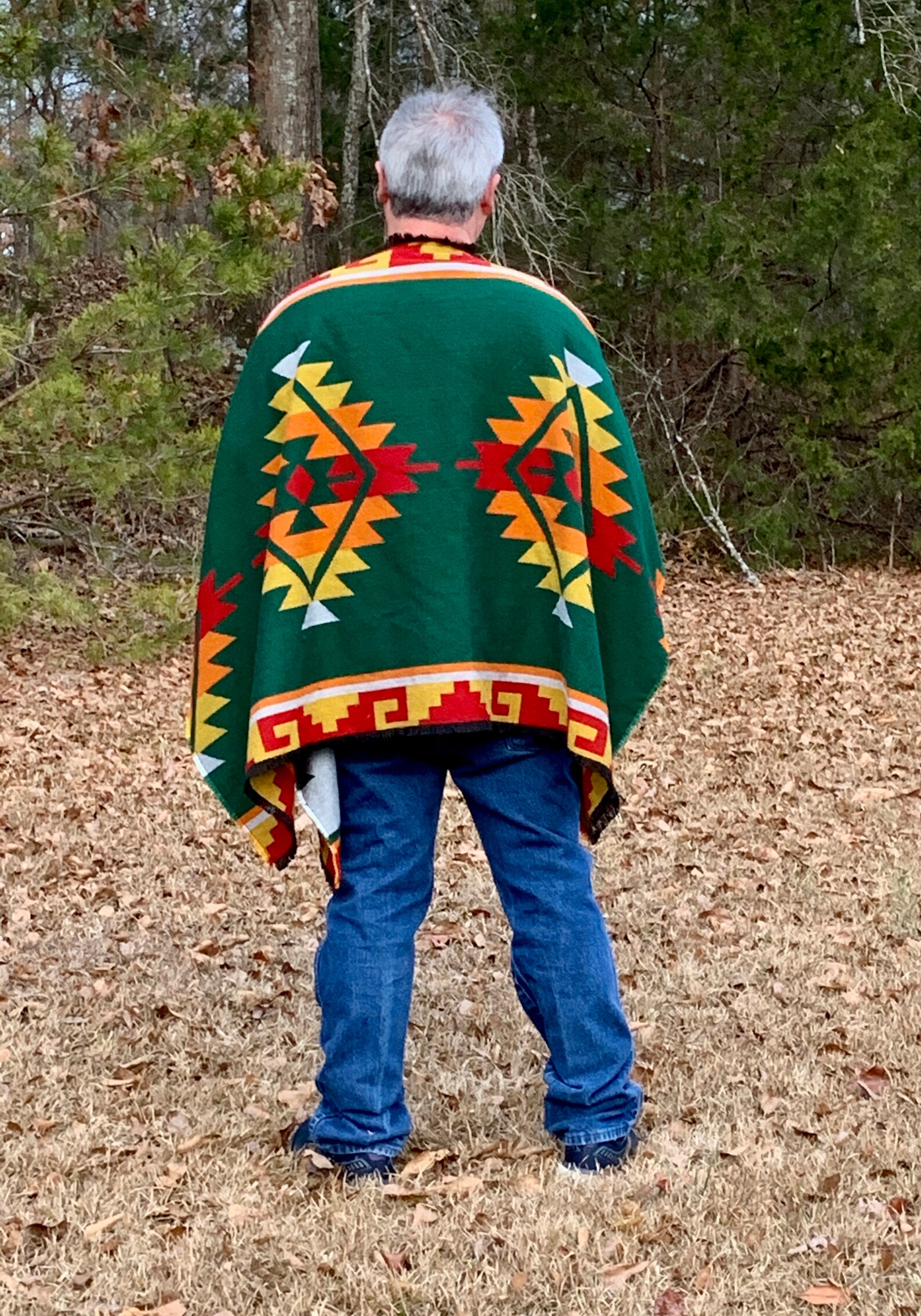 Woven Fabric Poncho in Native American Pattern Reversible Emerald Green