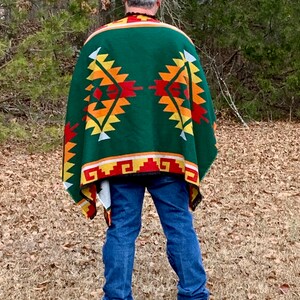 Woven Fabric Poncho in Native American Pattern Reversible Emerald Green ...