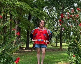 Red Aztec Printed Fleece Poncho with Fringe