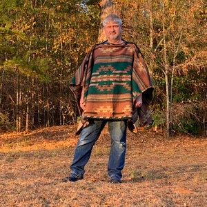 Traditional Woven Fabric Poncho in Native American Pattern ReversibleTans Brown Mauve Emerald Green image 7