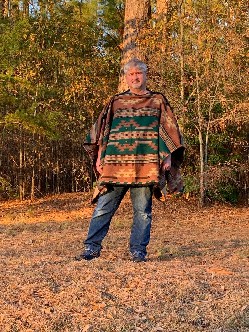 Traditional Woven Fabric Poncho in Native American Pattern ReversibleTans Brown Mauve Emerald Green image 7