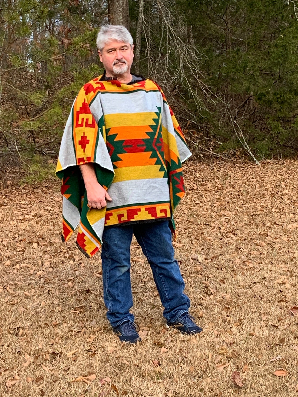Woven Fabric Poncho in Native American Pattern Reversible Emerald Green
