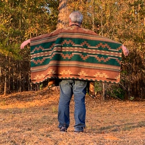 Traditional Woven Fabric Poncho in Native American Pattern ReversibleTans Brown Mauve Emerald Green image 4