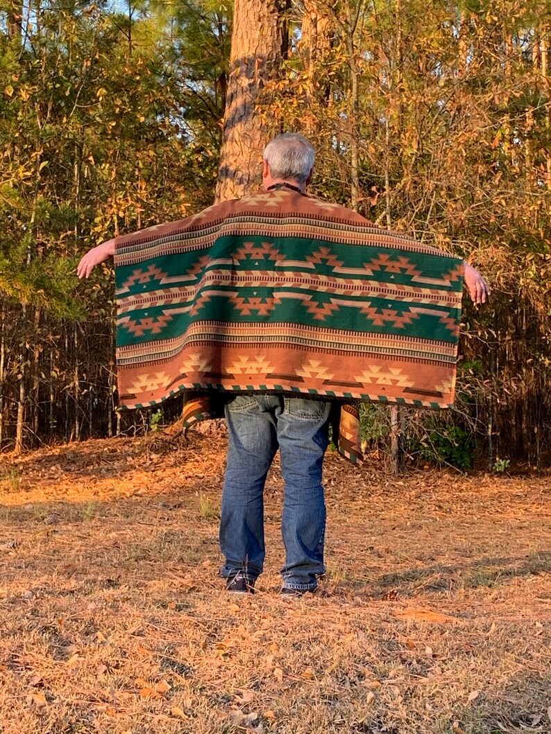 Traditional Woven Fabric Poncho in Native American Pattern ReversibleTans Brown Mauve Emerald Green image 4