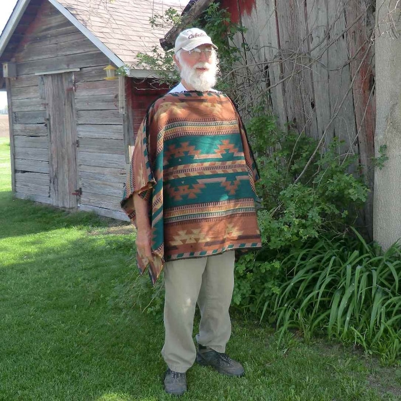 Traditional Woven Fabric Poncho in Native American Pattern ReversibleTans Brown Mauve Emerald Green image 1