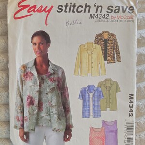 May include: A McCall's M4342 Easy stitch 'n save sewing pattern envelope featuring illustrations of jackets and tank tops in various colors and patterns, including floral, plaid, animal print, and solid designs, with size range 16-22.