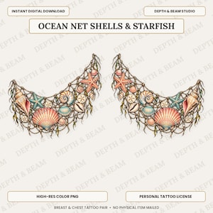 May include: A pair of crescent-shaped digital illustrations featuring a tan fishing net adorned with various seashells, including orange scallops, spiral shells, and starfish in shades of orange, teal, and white, labeled OCEAN NET SHELLS & STARFISH.