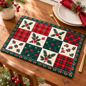 May include: A rectangular quilted placemat featuring a patchwork design of red and green plaid squares, cream squares with holly berry and leaf embroidery, and dark green quilted squares with gold star accents, finished with a holly berry border.