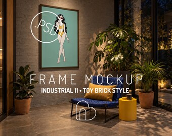 Mockup PSD-bestand voor balkonframe, industriële wintertuin, speelgoedsteenstijl, verticaal 2:3 smart object – INDUSTRIAL 15 (digitale download)