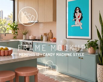 Memphis Küchenrahmen-Mockup, farbenfrohe Insel, geometrische Fliesen (PSD-Digitaldownload)