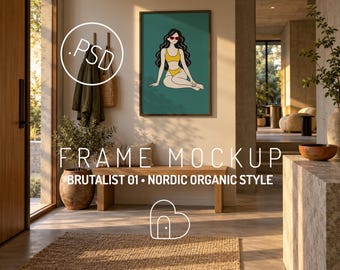 Ingelijste kunstmockup PSD, portretposter in brutalistische Scandinavische organische entree (digitale download)