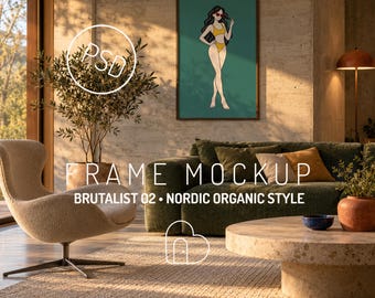 Ingelijste kunstmockup PSD, portretposter in brutalistische Scandinavische organische woonkamer (digitale download)